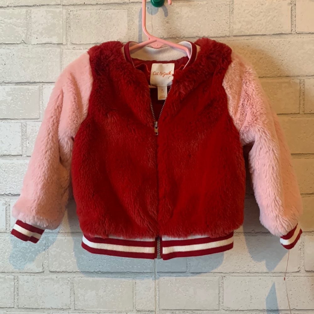 Girl’s Baby Cat & Jack Red Pink Fur Jacket 2T NWOT